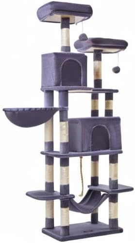 Taoqimiao Cat Tree, 71.7-Inch Cat Tower for Indoor Cats, Plush Multi-Level Cat Condo with 13 Scratching Posts, 2 Perches, 2 Caves, Hammock, 2 Pompoms,Smoky Gray MS013LG