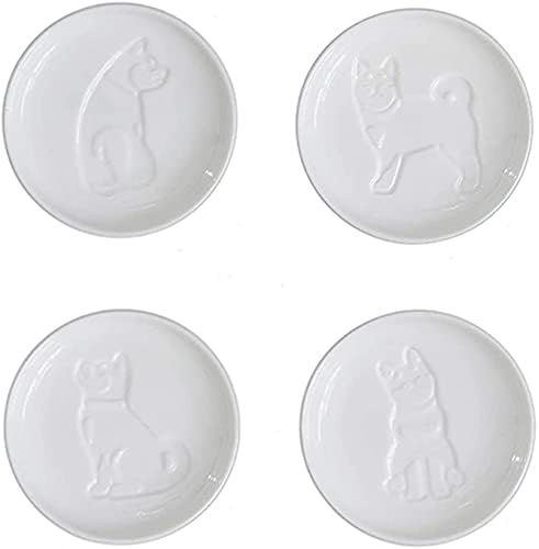 4pcs Ceramics Shiba Dog Relief Seasoning Dishes Sushi Dipping Bowl Appetizer Plate - 3.5 inches