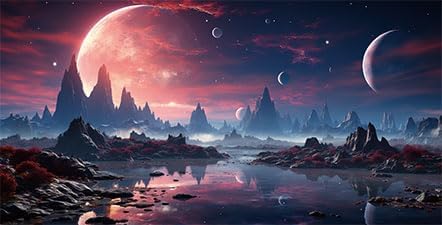 36X20IN Cosmic Spaceterrarium Background, Cool Parallel Space Themed Aquarium Reptile Habitat Background, Red Moon Aquarium Background with 10EVA Double-Sided Tape