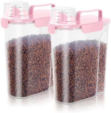 10 LBS Dog Cat Storage Container Portable with Upgraded Large Spout and Cup,Plastic Pet Food Dispenser for Small Animal Kibble,Bird Seed,Oatmeal,Rice,flour,brown sugart-2 pack Smoky Pink