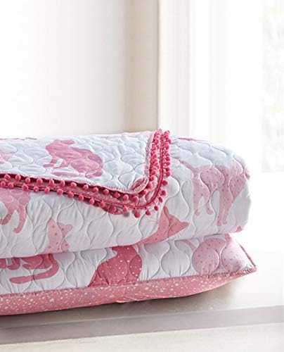 2 Piece Pink Cats Quilt Set with Mini Pom Poms, Twin, Pink