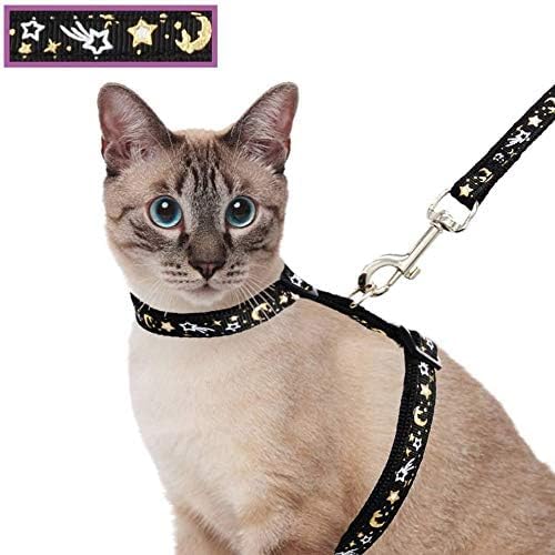 Cat Harness and Leash Set for Outdoor Walking Escape Proof Adjustable Soft Safety Strap with Golden Star and Moon Design Glow in The Dark Black