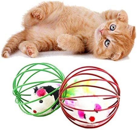 1Pc Random Color Caged Rats Rolling Wire Cage Plush Mouse Ball Funny Cat Toy Catches The - Hide Balls Interactive Toy, Mice and Animal Toys