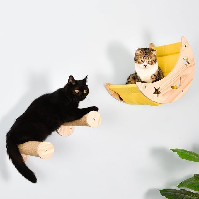 Wall Cat Bed Moon, Cat Hammock Wall Mounted Shelf with 2 Steps Cat Climbing Shelf and Sisal Cat Rope Scratching Post Cat Wall Furniture Cat Bridge Ladder Wooden Indoor Cat Wall Bed-Moon Set