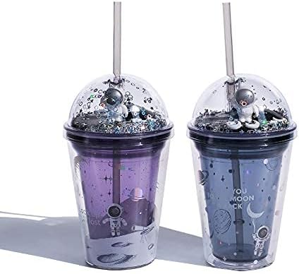 Astronaut Cup with Straw Ice Coffee Tumblers Party Cups Space Reusable Plastic Cup Birthday Gift (Astronaut purple, 380ml)