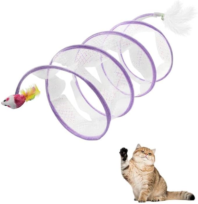 Andiker Folded Cat Tunnel Spring Toy, 10inch Spiral Cat Tunnels Toy with White Feather&Plush Mice&Bell 3 in 1 Folded Cat Tubes Interactive Cat Toys for Indoor Cats to Exercise, Relax (Purple, L)