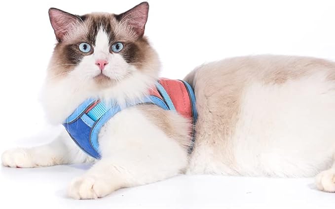 TOTORO Cat Harness and Leash for Walking Escape Proof ，Adjustable Comfortable Suedette Vest Harnesses for Cats，Reflective Strips Easy to Put on Step-in Velcro Jacket (L, Blue)