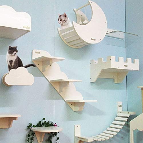 La La Pet® Wall-Mounted Cat Bed Condo Wood Cat Shelf Board Floating Cat Scratcher Cat Perch Mod Cat Furniture Cat Climber Tower Tree(Moon)