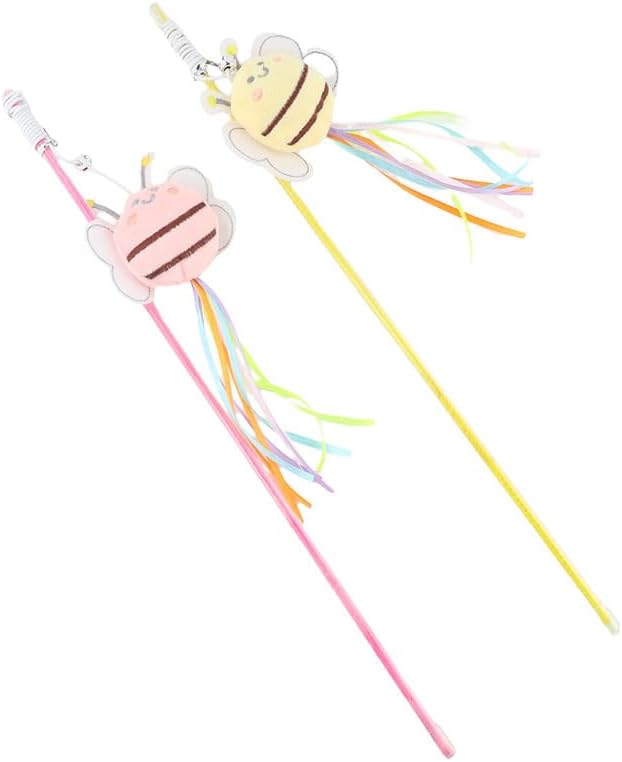 3 Pcs Cat Teaser Wand, Cute Bee Fishing Teasing Stick for Little Cat Funny Kitten Interactive Playing Toy Plush Cat Training Tool Indoor Pet Supplies