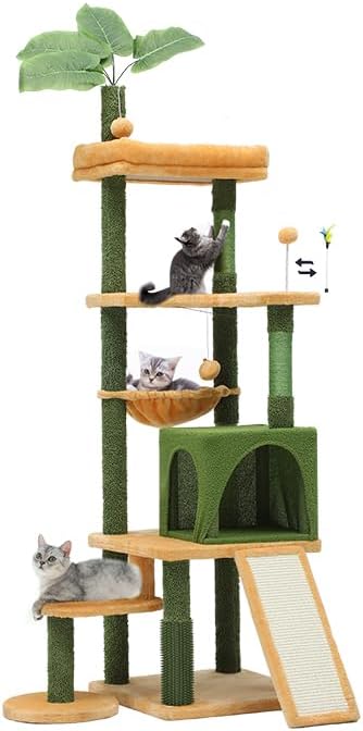 YITAHOME Tall Cat Tree Tower with Leaves for Indoor Cats, 72.8in Cute Cat Climbing Tower with Self-Grooming Brush, Cat Condo, Top Perch, Basktet, Sisal Scratching Posts and Board,Toy Balls