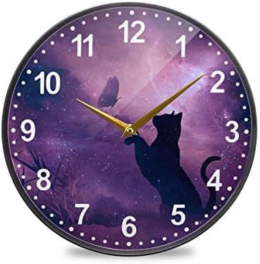 ALAZA Cat and Butterfly in Purple Galaxy Starry Wall Clock Battery Operated Silent Non Ticking Clocks for Living Room Decor 12 Inch / 9.5 Inch