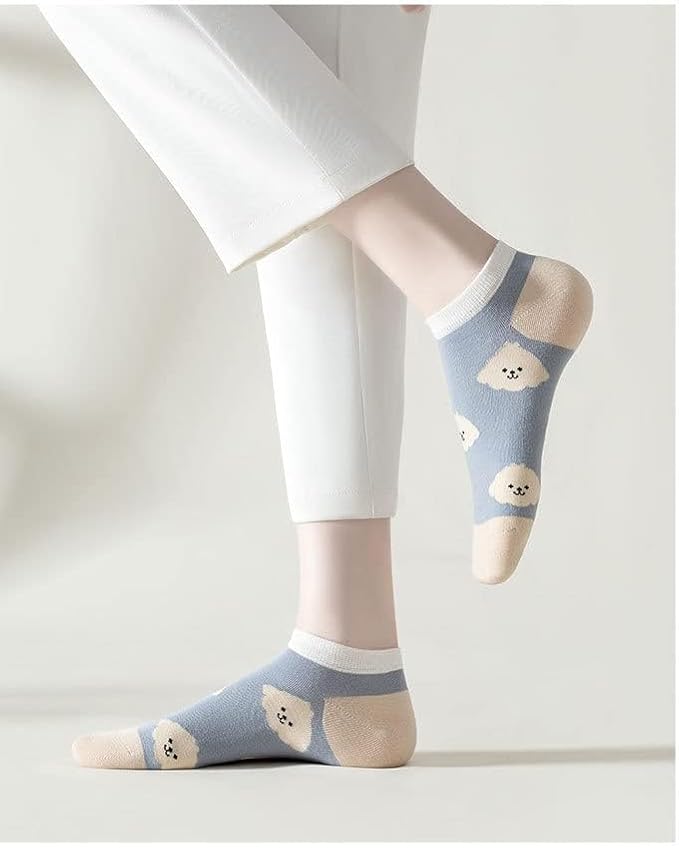 5/10 Pairs Combed Cotton Socks for Women with Cute Animals/Flowers Patterned Ankle Socks