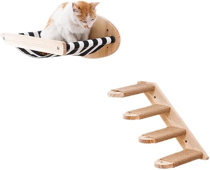 Cat Scratching Staircase, Wooden Climbing Post for Cats, Stairway Design Cat Climbing Shelf Wall Mounted, Four Step Cat Stairway with Jute Scratching for Cats Perch Platform (Stripes Hammock)