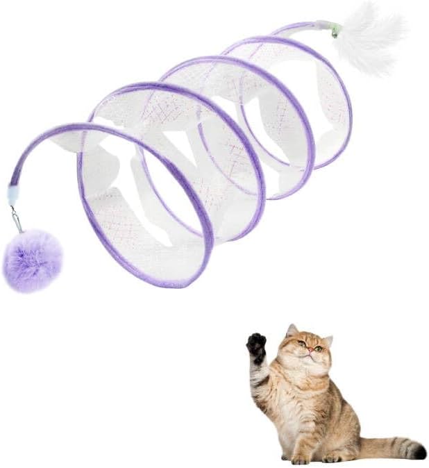 Andiker Folded Cat Tunnel Spring Toy, 10inch Spiral Cat Tunnels Toy with White Feather&Plush Mice&Bell 3 in 1 Folded Cat Tubes Interactive Cat Toys for Indoor Cats to Exercise, Relax (Purple, S)