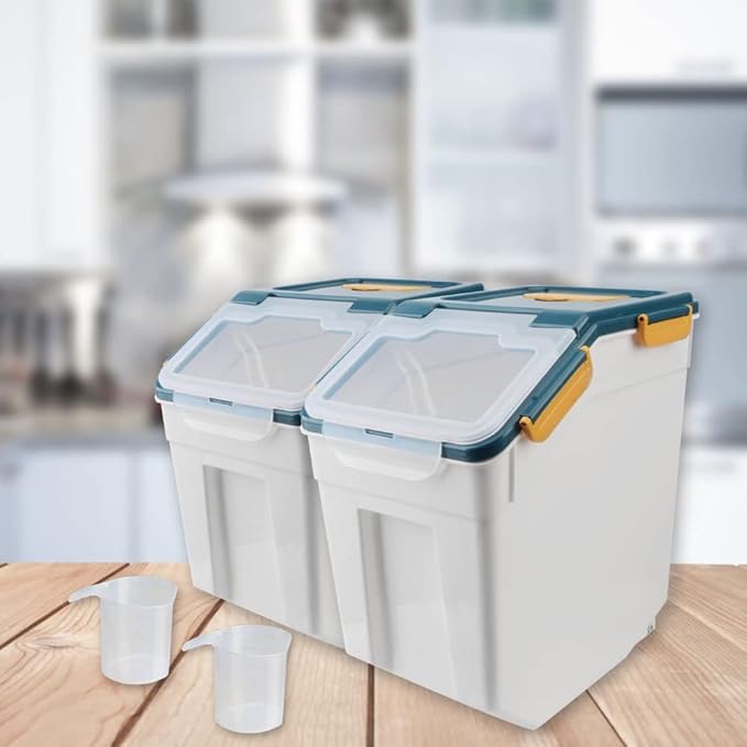 2Pcs Large Airtight Dog Food Storage Container With spoon and Measuring Cup, 15~30LB Pet Food Storage Container Bin,for Rice/Grain/Pet Food/Flour (Blue)