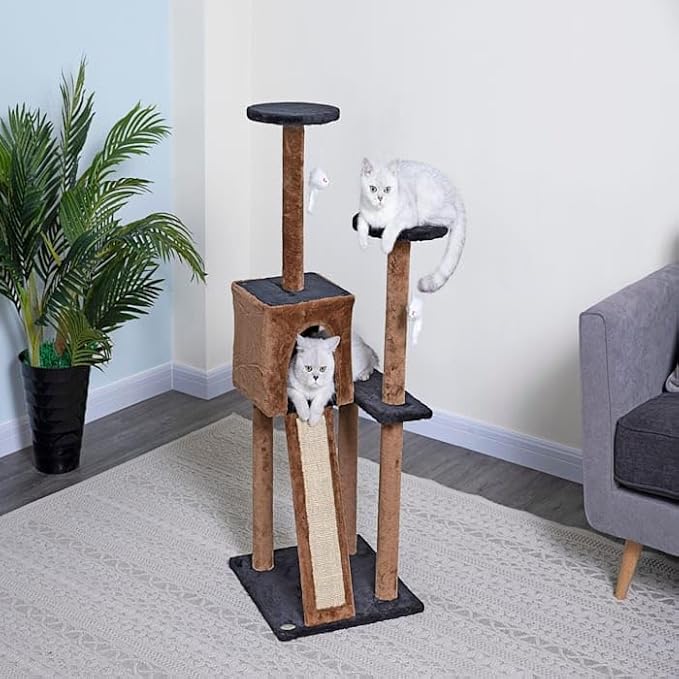 Go Pet Club Everyday Value 44in Corner Cat Tree Kitty Scratcher Tower Kitten Condo House Furniture with Scratching Board & Hanging Toys for Indoor Cats, Brown/Black