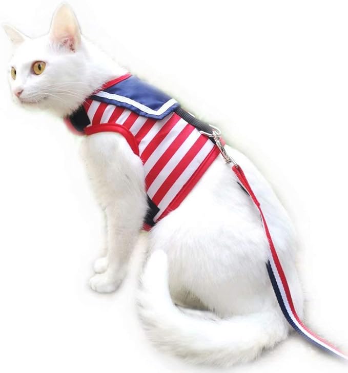 Cat Harness and Leash for Walking Escape Proof, Adjustable Cat Vest Harness, Padded Stylish Cat Walking Jackets, Sailor Suit Red, XX-Large