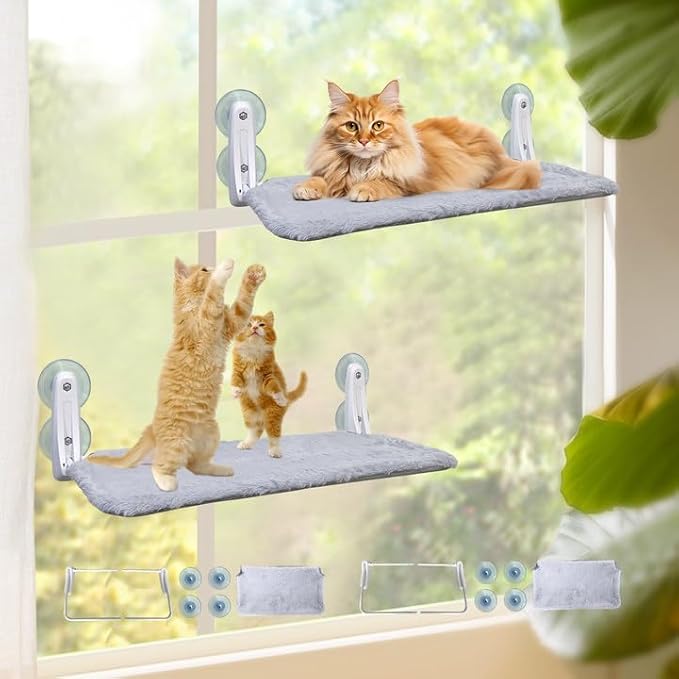 L&W BROS. Foldable Cat Window Perch 2 Pack Cat Hammock with 4 Suction Cups Easy to Assemble 20.5"x 11.2" Cat Window Bed for Large Heavy Cats Indoor(M 2Pc)