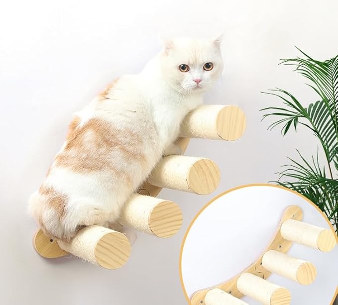 Cat Scratching Staircase, Wooden Climbing Post for Cats, Stairway Design Cat Climbing Shelf Wall Mounted, Four Step Cat Stairway with Jute Scratching for Cats Perch Platform (Round-Ladder)