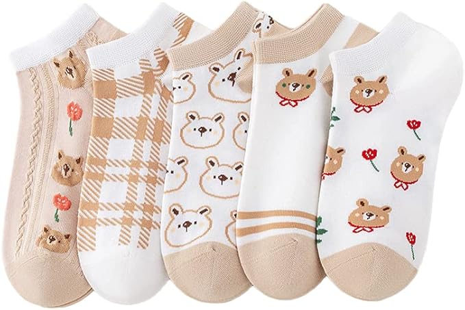 5/10 Pairs Combed Cotton Socks for Women with Cute Animals/Flowers Patterned Ankle Socks