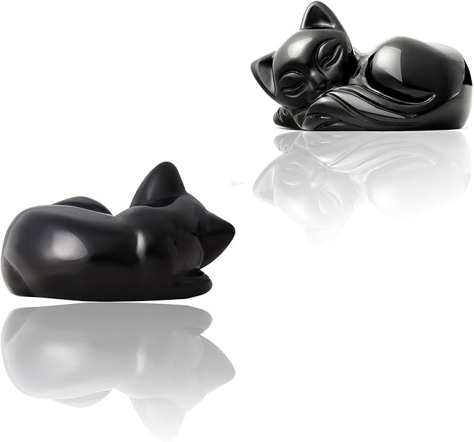 2" Sleeping Cat Statue Black Obsidian Healing Crystals Hand Carved Cute Kitten Figurine, Worry Stone for Anxiety Relif Home Desk Decor Animal Figurine