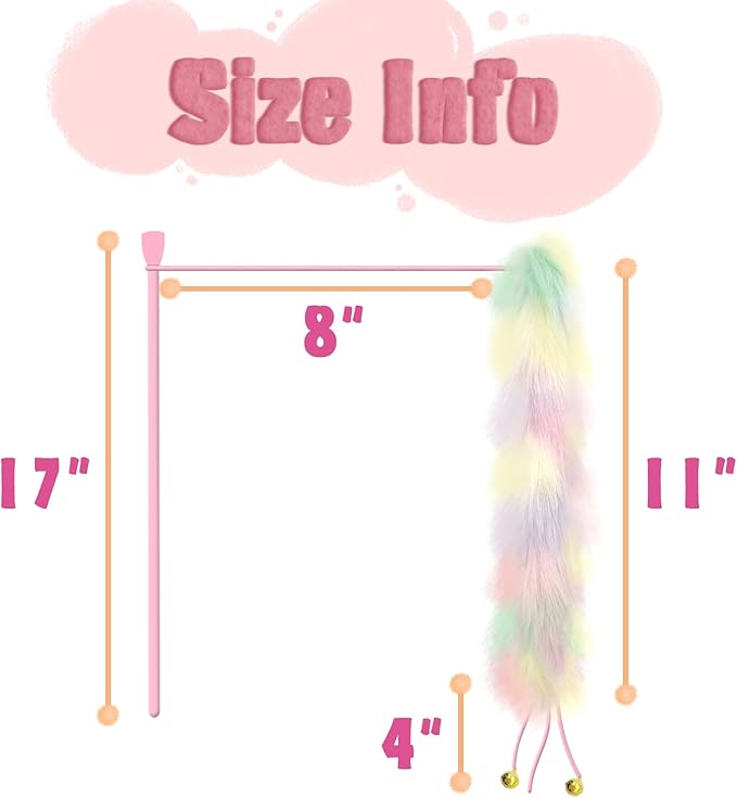 2 Pack Cat Wand Toy, Rainbow Cat Feather Toys with Bells, Cat Teaser Wand with Soft Furry Tail, Interactive Cat Toys for Indoor Cats & Kitten & Kitty