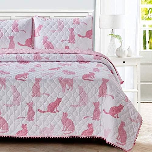 3 Piece Pink Cats Quilt Set with Mini Pom Poms, Full/Queen, Pink