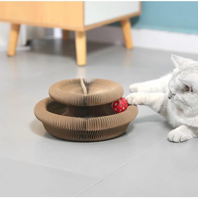 Kitty Toy, Magic Cat Scratching Board, Interactive Scratch Pad with a Ball, Cat Scratcher for Grinding Claw, Recyclable and Durable, Furniture Protector, Retractable, Brown, Reversible