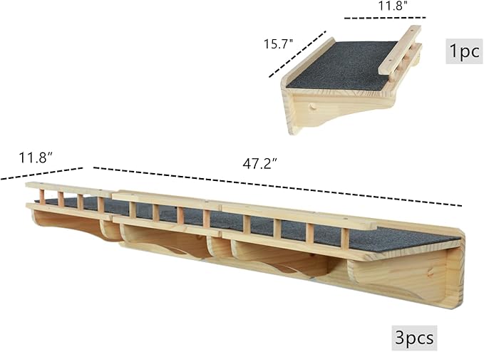 47.2" x 11.8" Natural Solid Wood Wall Mounted Cat Shelves, Superhighway Walkway Balcony Wall Furniture Shelves, Wall Steps Stairs, Perch