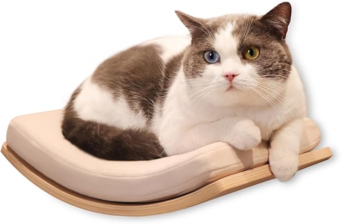 Cat Wall Shelves Curved Floating Cat Shelf Perch Bed with Cushion Wooden Easy to Install Cat Wall Furniture for Climbing Sleeping 16.5"x10.2"(Walnut)