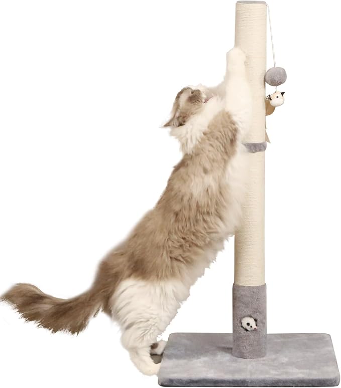 Cat Scratching Post with Premium Sisal Rope for Indoor 34in Tall Scratcher Post Tree with Mouse Hole, Hanging Ball for Adult Cats and Kittens