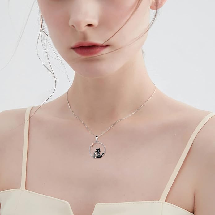 AXELUNA Black Cat Necklace 925 Sterling Silver Kitten Pendant Circle Crystal Necklace Cat Jewelry Gifts for Women Girls Girlfriend Animal Lovers