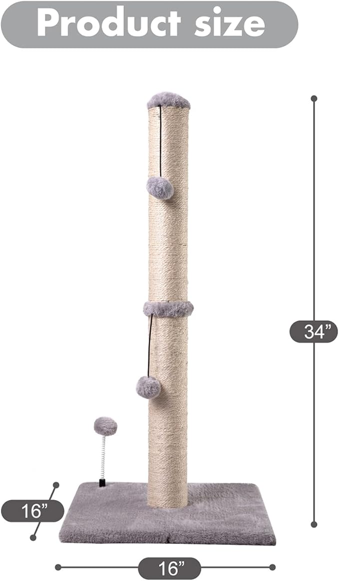 MECOOL 34“ Tall Cat Scratching Post Premium Basics Kitten Scratcher Sisal Scratch Posts Trees with Hanging Ball for Indoor Cats (34 inches for Adult Cats, Gray)