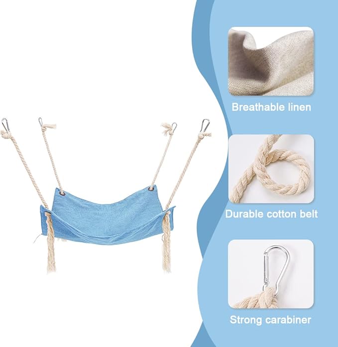 Cat Hammock, Breathable Pet Cage Hammock, Cat Hanging Bed with Metal Carabiners and Tassels, Cat Hanging Hammock for Cage, Hammocks for Kittens, Rabbits, Small Dogs (Light Blue)