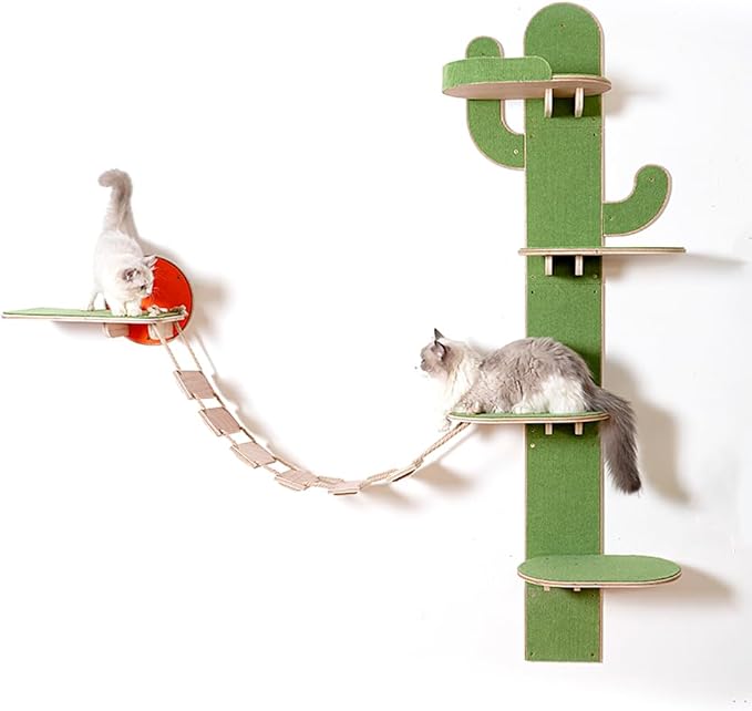 Docal Cat Climbing Tower Wall,Cat Wall Shelves with Cat Tree Tower Cactus Shape with Carpeted Plank for Indoor Cats,Suitable for Indoor Cats Climbing Tower Activity Wood Cat Wall Furniture