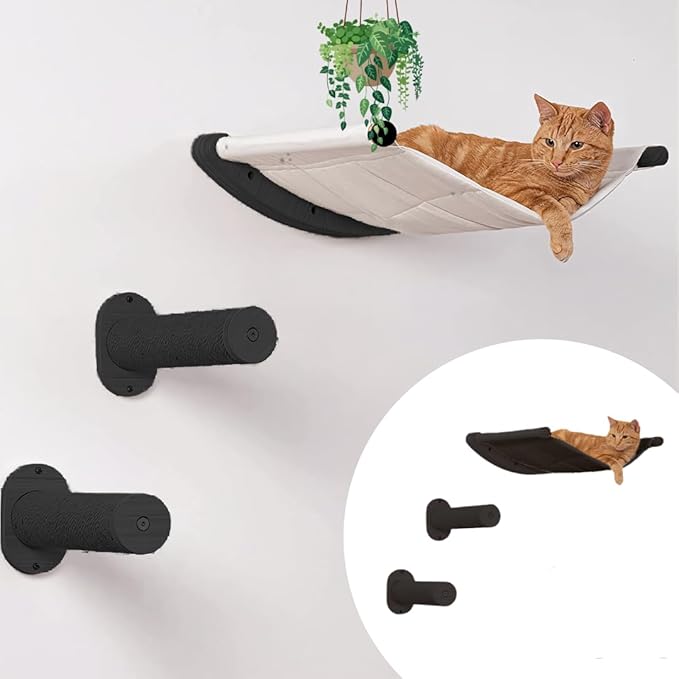 M-95 Mounted Cat Wall Shelves – Raised Cat Hammock, Bed and Perch with 2 Steps - for Climbing, Lounging, Playing, and Sleeping – Modern Cat Wall Furniture Set for Small or Large Cats (Black/Cream)