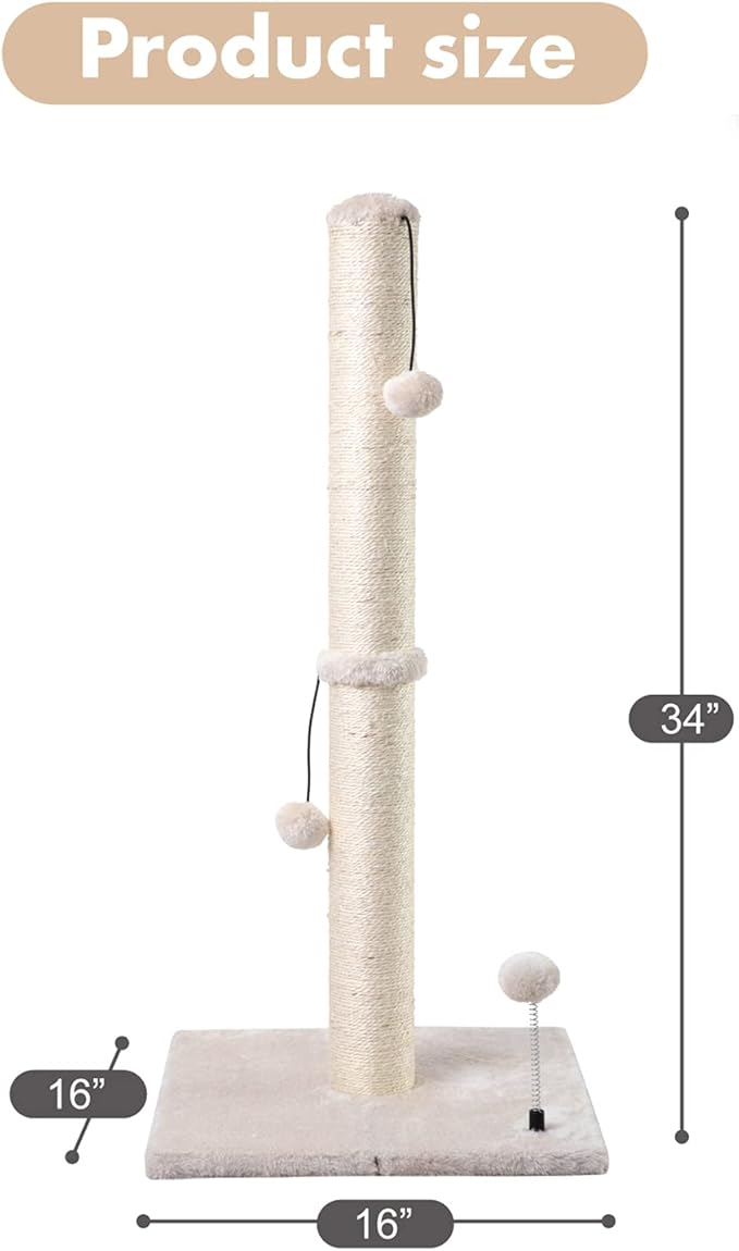 MECOOL 34” Tall Cat Scratching Post Premium Basics Kitten Scratcher Sisal Scratch Posts Trees with Hanging Ball for Indoor Cats (34 inches for Adult Cats, Beige)