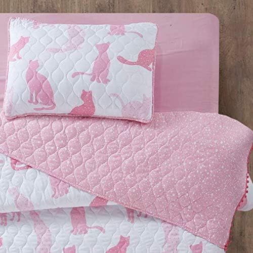2 Piece Pink Cats Quilt Set with Mini Pom Poms, Twin, Pink