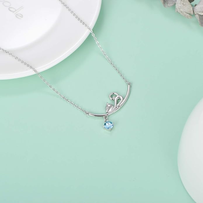 AOBOCO 925 Sterling Silver Lovely Cat Kitten Pendant Necklace with 12 Months Birthstone Crystal from Austria, Christmas Birthday Jewelry Gifts for Cat Lover
