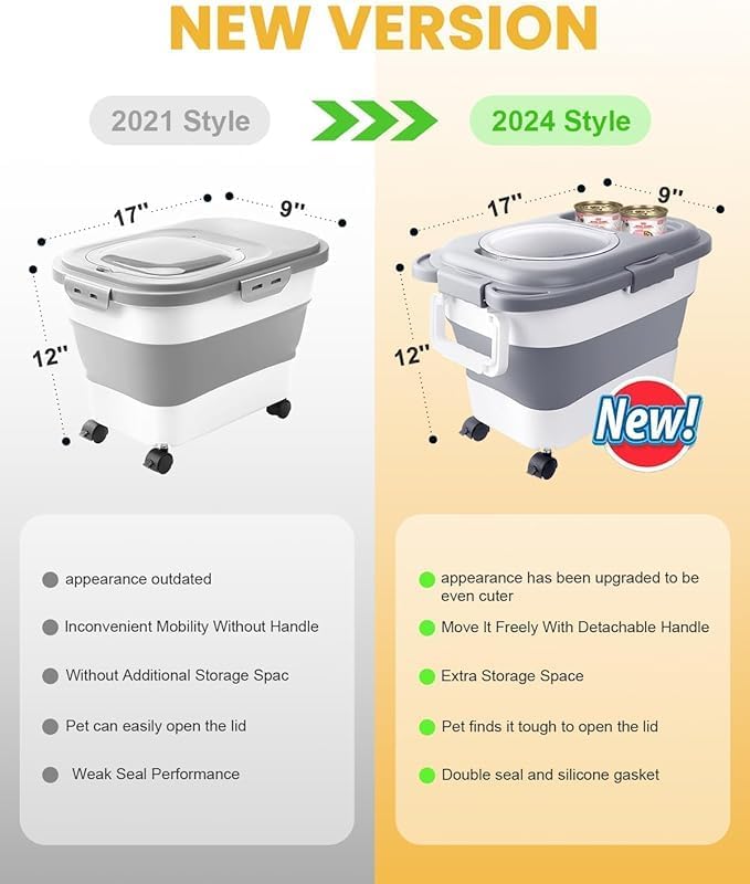 20-23LBS Collapsible Dog Food Storage Container, Pet Dog Pantry Large Containers Bin with Wheels,bowl & 1pcs Food Storage Containers, Kitchen Cereal Flour Rice Leakproof Dry Holder