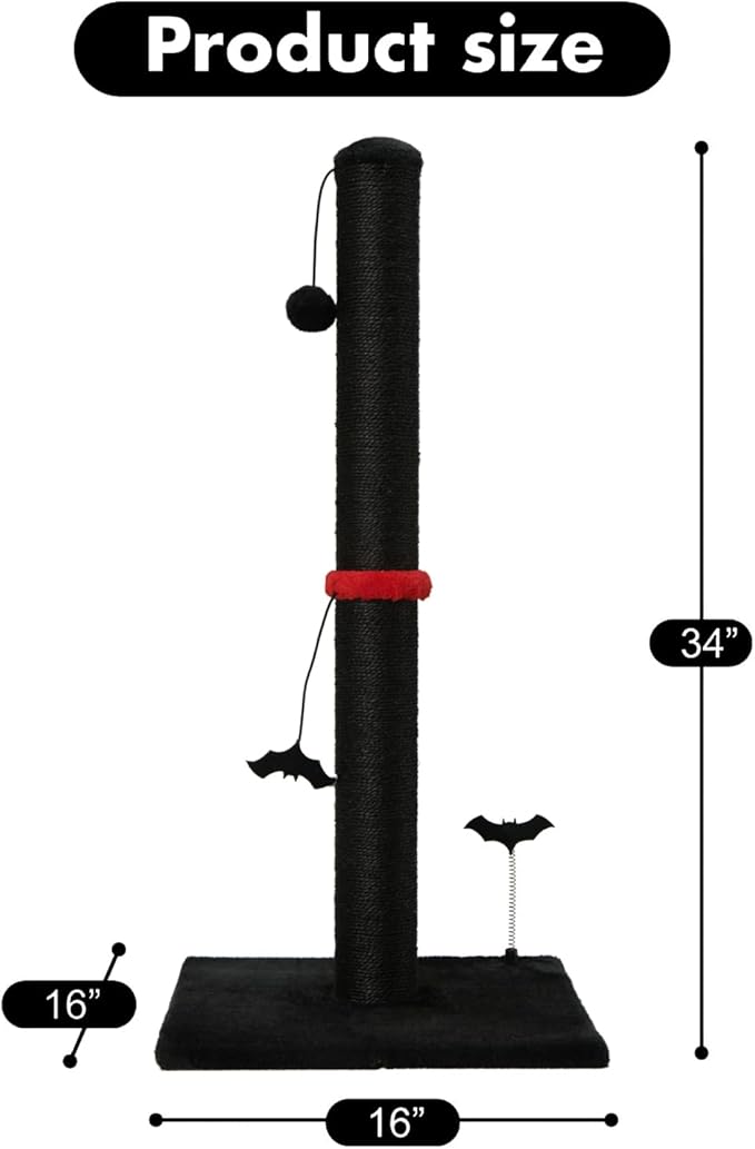 MECOOL Cat Scratching Post Premium Sisal Scratch Posts with Hanging Ball Vertical Scratcher for Indoor Cats and Kittens (Black, 34 inches for Adult Cats)