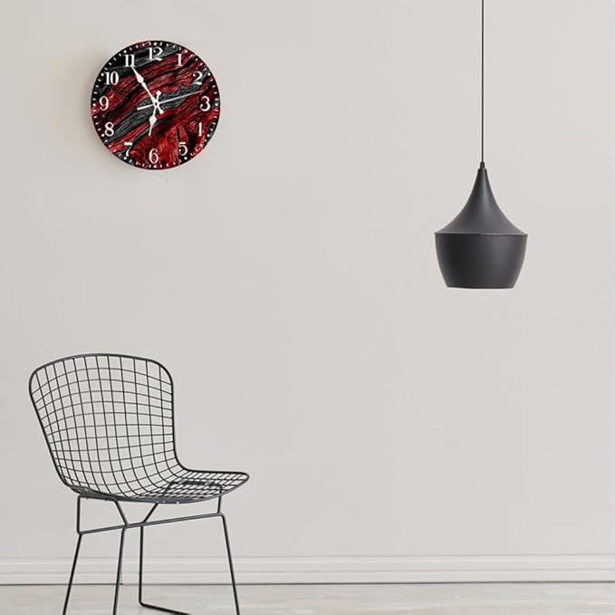 Ansouyi Round Wall Clock Battery Operated Clocks Wallclock 10 Inch,Red and Black Abstract Waves Geometric Silent Non Ticking Wall Clock for Living Room,Kitchen,Home,Bathroom,Bedroom,Office or School
