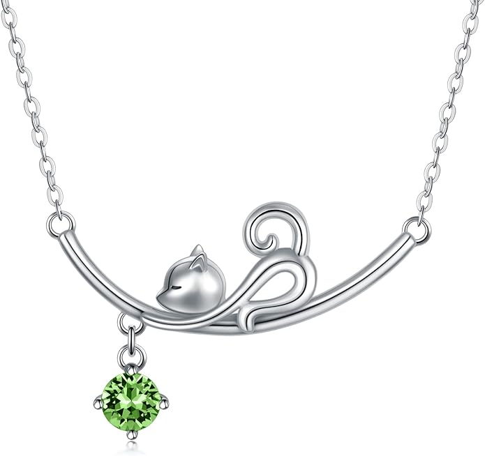 AOBOCO 925 Sterling Silver Lovely Cat Kitten Pendant Necklace with 12 Months Birthstone Crystal from Austria, Christmas Birthday Jewelry Gifts for Cat Lover
