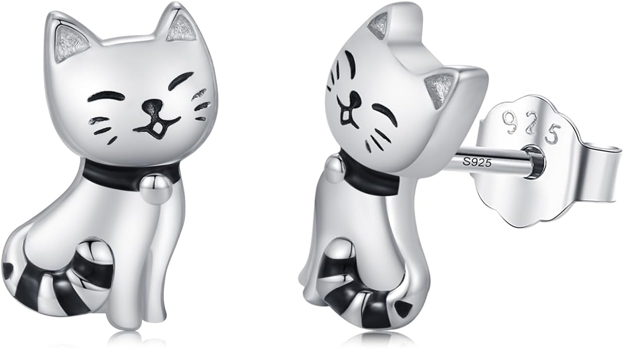 925 Sterling Silver Cat Earrings Cute Animal Kitten Stud Earrings cat Jewelry Gifts for Women Girls Hypoallergenic Earrings for Sensitive Ears