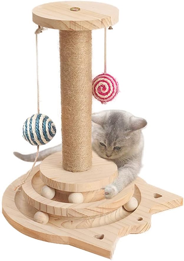 Marchul Cat Scratching Post with Hanging Ball, Kitten Sisal Scratcher Toy with 2 Layer Tracks Spinning Balls, Cat Tracking Interactive Toys for Indoor Cats and Kittens
