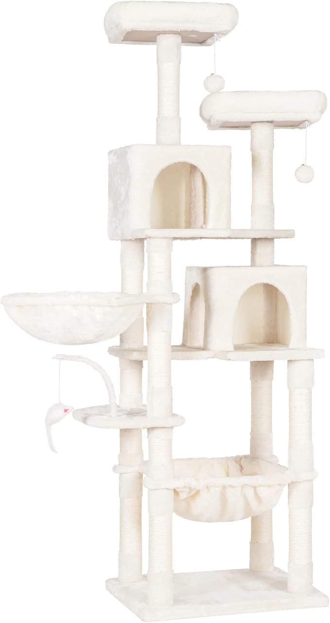 Heybly Cat Tree, 70 inches Tall Cat Tower condo with Toy for Indoor Large Cats, Cat House Furniture with Padded Plush Perch, Cozy Hammock and Sisal Scratching Posts,Beige HCT032M