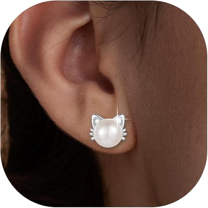925 Sterling Silver Freshwater Pearl Cat Stud Earrings for Women, Cat CZ Studs Hypoallergenic Jewelry Gift