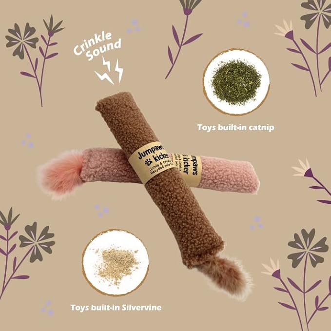 2 Pack Natural Interactive Catnip & Silvervine Cat Kicker with Tail, Bite Resistant Chew Toy, Crinkle Kicker, Accessories for Indoor Cat, Sherpa Material