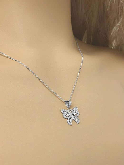 Animal Kingdom Elegant Sterling Silver Filigree & Sparkle-Cut Butterfly Charm Pendant Necklace