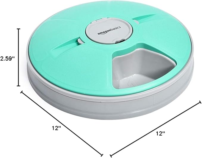 Amazon Basics Automatic Pet Feeder, Electronic Timed Dog and Cat Food Dispenser, 6 Portions, Plastic, Teal, 12" X 12" X 2.3"